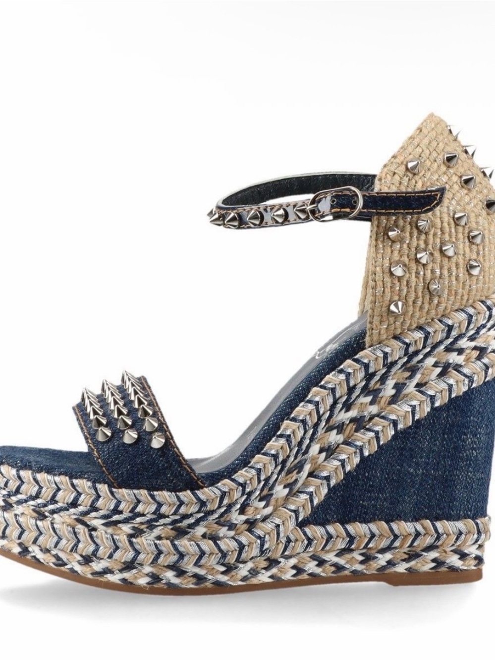 Christian Louboutin Denim & Natural Espadrille Wedge Sandals with Studs - Picture 3 of 9